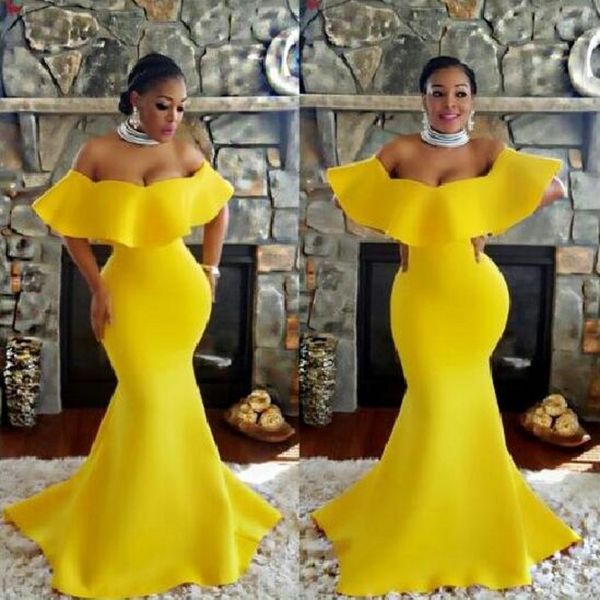 

plus size off shoulder prom dresses bright yellow mermaid evening gowns saudi arabia south african women formal party dress, Black;red