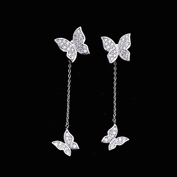 

cute butterfly dangle stud earrings for women zirconia crystal prong setting front and back post earrings long tassel 925 silver wedding jew, Golden;silver