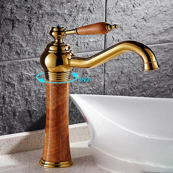 Drehbarer Wasserhahn mit Messing-Gold-Finish, Marmor-Stein-Körper, Einhand-Einloch-Kalt- und Warmwasserhahn, Waschbecken-Wasserhahn