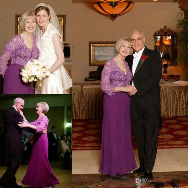 

purple column mother dresses lace beaded long chiffon mother dresses with 3/4 sleeves v neck elegant madre installata, Black;red