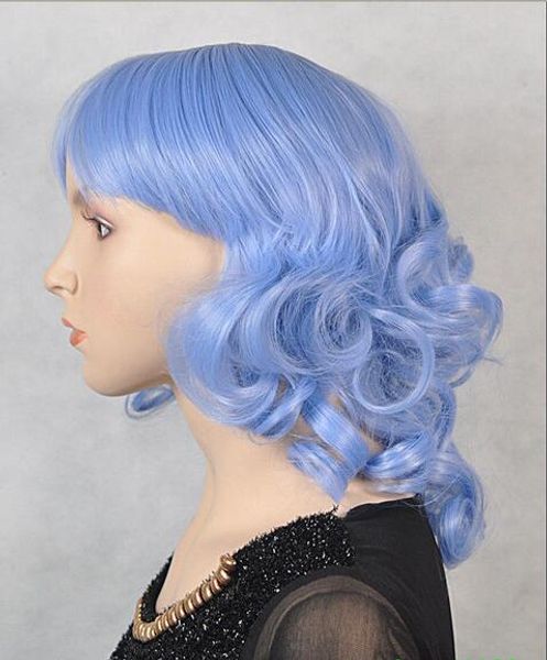 

gt;>> beautiful new cosplay light blue curly short wig, Black;brown