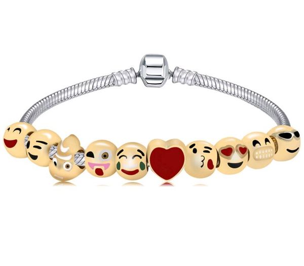 

2017 new jewelry trends facial expression pack 10pcs cartoon emoji smile face alloy beads bracelets for women men, Golden;silver