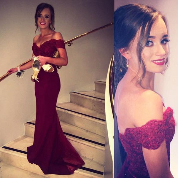 

burgundy mermaid long prom dresses 2019 vintage off the shoulder appliqued satin formal women evening gowns vestido de formatura longo, Black