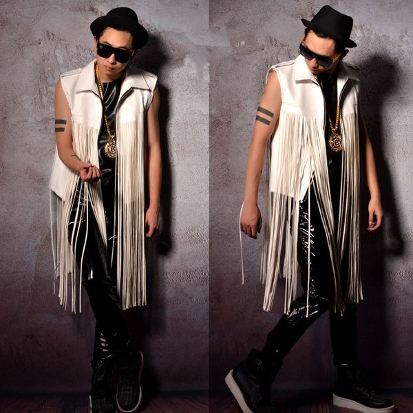 

pu leather and tassels mosaic men vest male white tide waistcoat vest bar dj ds costumes for singer dancer show prom performance clothing, Black;white