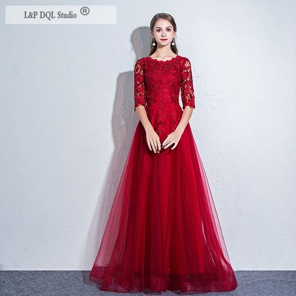 

modest mother of the bride dresses navy blue,wine red lace half sleeves pleats tulle zipper back mother's dress formal gowns evening, Black;red