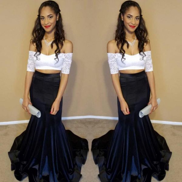 

two pieces prom dresses off shoulder black and white mermaid evening gowns short sleeves lace and satin cocktail party dress