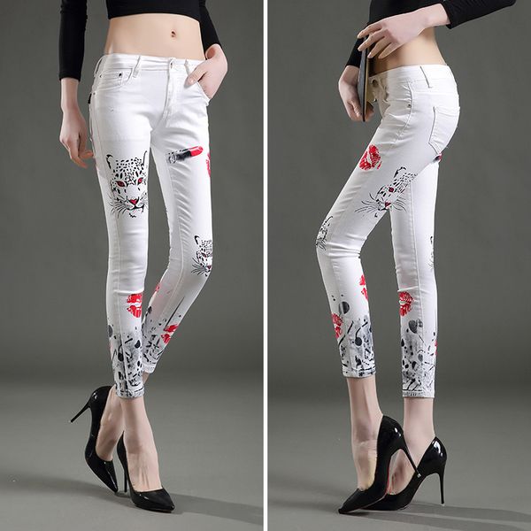 

wholesale- 2017 spring super women brand cloth low waist denim jeans trousers white painted slim high elastic lady pencil pants jeans, Blue