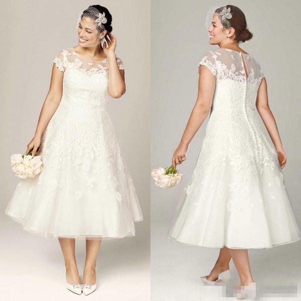 

elegant plus size lace a line wedding dresses 2020 sheer neck tea length bridal gowns for garden country vestidos de novia, White