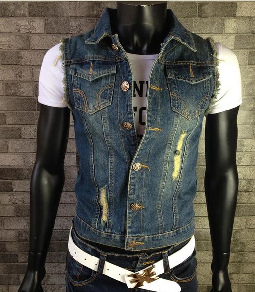 

wholesale- new 2016 fashion mens denim vest vintage sleeveless washed jeans waistcoat man cowboy ripped jacket plus size s-6xl tank top, Black;white