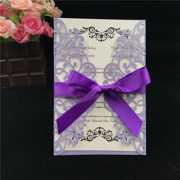 hot selling hollow out laser cut wholesale personalized ribbon purple wedding invitation card wedding supplier dhl good price wedding invitation wedding invitations with purple ribbon