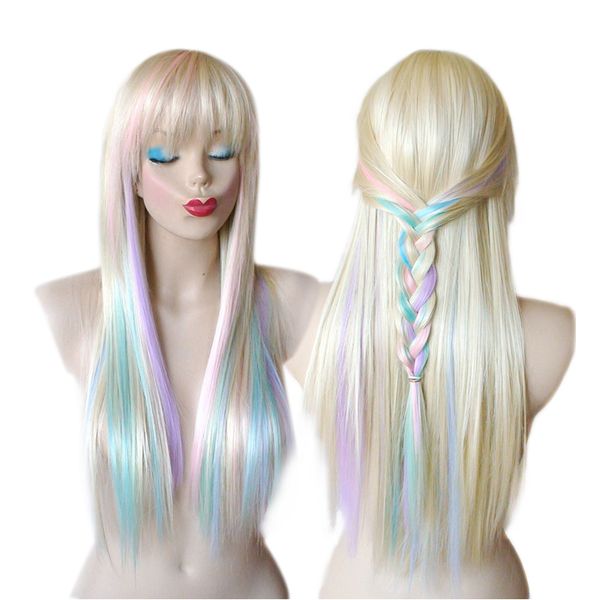 Long Straight Blonde Pastel Color Highlights Rainbow Wig Multi