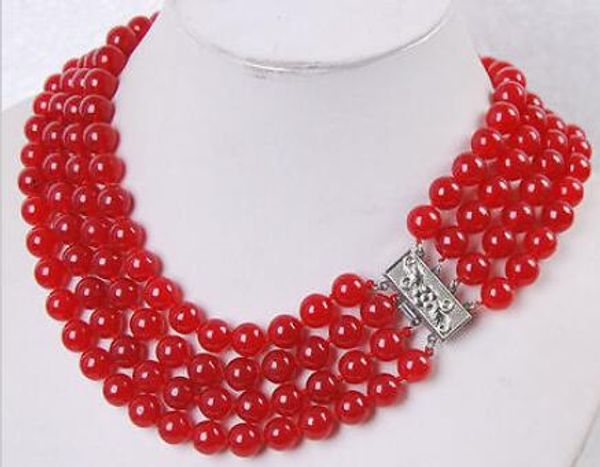 

charm fashion4rows 8mm red ruby jade round beads gemstone necklace17"--20, Silver