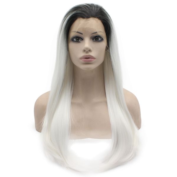

24" long dark root white wig silky straight half hand tied heat resistant synthetic fiber lace front fashion wig s02, Black