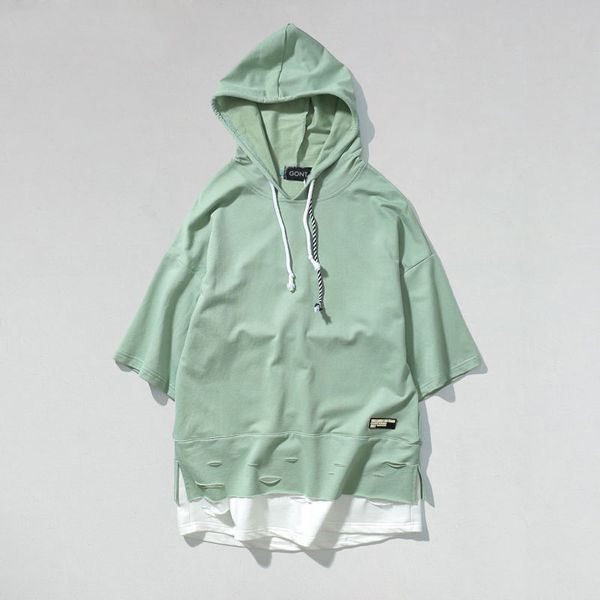 

loose shoulder curved t-shirt hoodie off sleeve short mens drawstring hem tee hoodies causal ripped tshirts black green fohcd