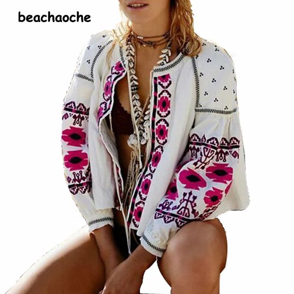 

wholesale- ethnic colors flower embroidery jacket 2016 woman lantern sleeve lacing up kimono cardigan jacket coat sunscreen 2 colors, Black;brown