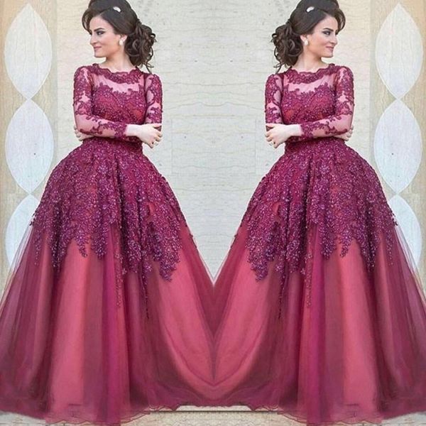 

long sleeve burgundy prom dresses lace appliqued jewel neck tulle evening ball gowns floor length beaded formal special occasion dress, Black