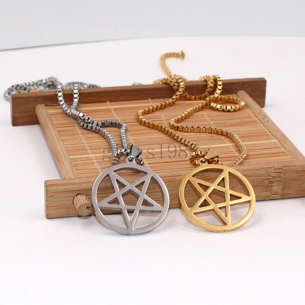 

wicca inverted pentagram pentacle stainless steel silver pendant necklace box chain