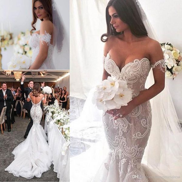 

gorgeous arabic lace mermaid wedding dresses 2017 off-shoulder sweetheart detachable sleeve bridal dresses backless court train wedding gown, White