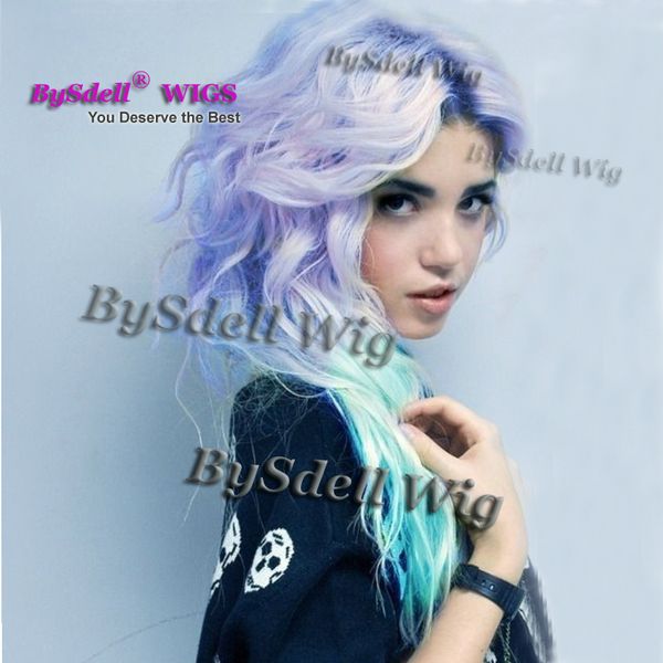 Pastel Sexy Purple Blue Green Two Tone Color Synthetic None Lace Front Lace Front Wig Heat Resistant Long Wave Ombre Wig Dark Rooted Hair Hairpieces