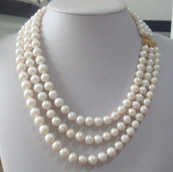 

triple strands 9-10mm real australian south sea white pearl necklace 18-22" 14k, Silver