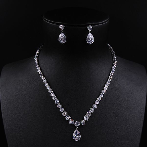 

a set of korean bridal jewelry 3a zircon pendant necklace and earring sets jewelry h15164, White