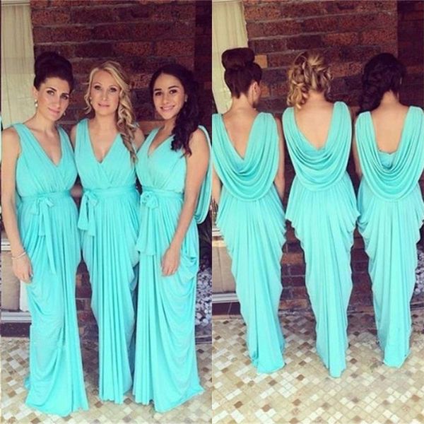 Nedime Elbiseleri Kılıf/Sütun V-Yok Şifon Ruffles ile Seksi Mavi Uzun Balo Elbisesi Bridemaids Düğünler Parti Elbiseleri