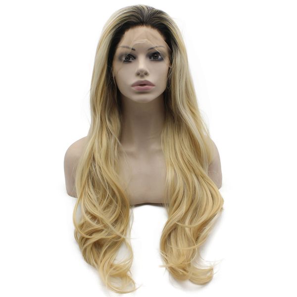 

long wavy heat friendly fiber hair ombre blonde lace front wig, Black
