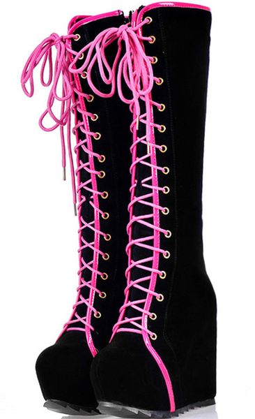 

wholesale-2015 fashion winter autumn ladies faux suede flock lace up punk emo platform wedge women thigh knee high boots shoes ladys, Black