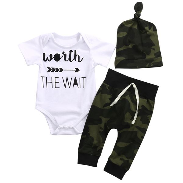 

newborn baby boy clothes set short sleeve arrow romper + camouflage long pants + hat 3pcs boys outfits infant clothes kids clothing set boy, White