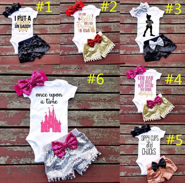 Baby girl INS letters rompers suit 7 Style Children Short sleeve triangle rompers+paillette shorts+bowknot Hair band 3pcs sets clothes