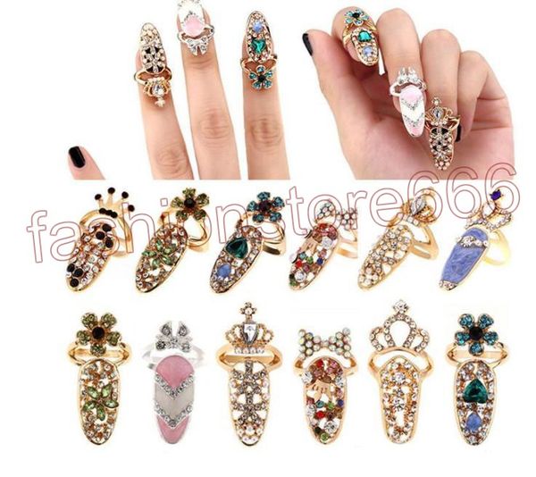 Moda strass carino bowknot dito anello per unghie fascino corona fiore cristallo personalità femminile nail art anelli