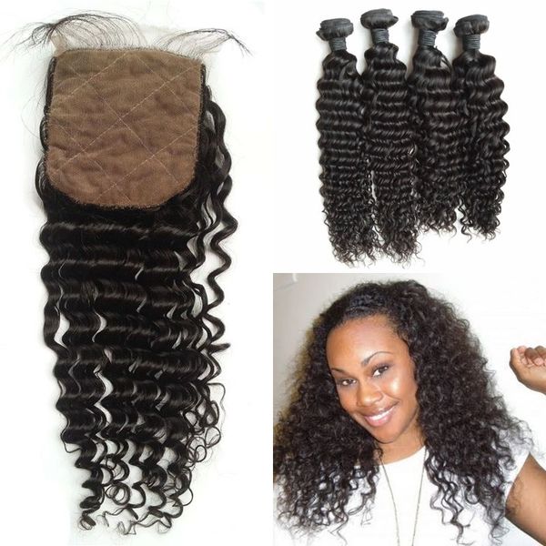 Malaysian Deep Curly Hair Weaves Closure 100 Human Hair Virgin
