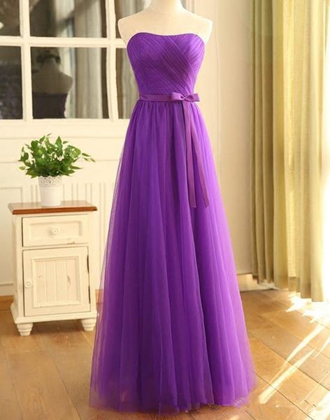 

elegant 2019 long purple evening dresses strapless bow sash pleated tulle a line floor length party dresses custom size, Black;red