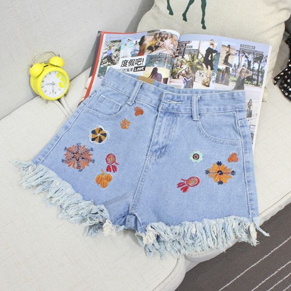 

ripped jeans women's casual short jeans floral emboridery denim shorts pants vaqueros mujer distressed mid waist shorts ycnz, Blue