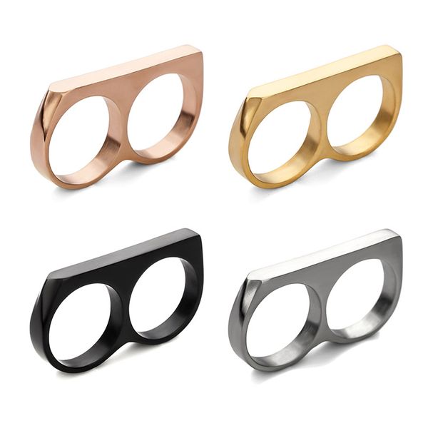

Personality Hip Hop Two Finger Rings Stainless Steel Gold Color Men Punk Biker Rings Women Party Cool Ring