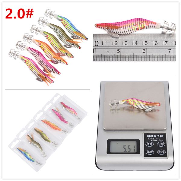 

luminous wooden shrimp squid lure 2# fishing hooks 8cm 5.5g 6colors squid jigs cuttlefish crankbait artificial shrimp bait