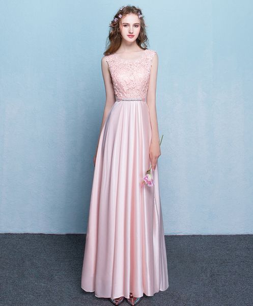 

scoop neck lace satin bridesmaid dress pink 2019 floor length bridesmaid gowns elegant wedding formal dresses, White;pink