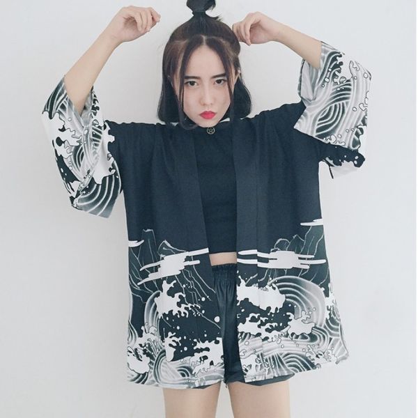 

female vintage dragon waves printed chiffon sun protection ladies cardigan kimono sun shirt women clothing outerwear, White