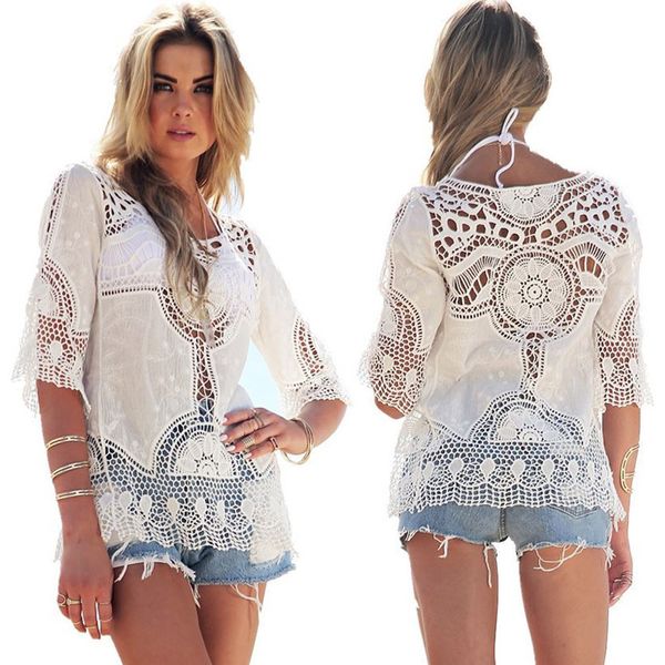 

women shirts ladies lace crochet beach cover ups blouse beach shirts, White