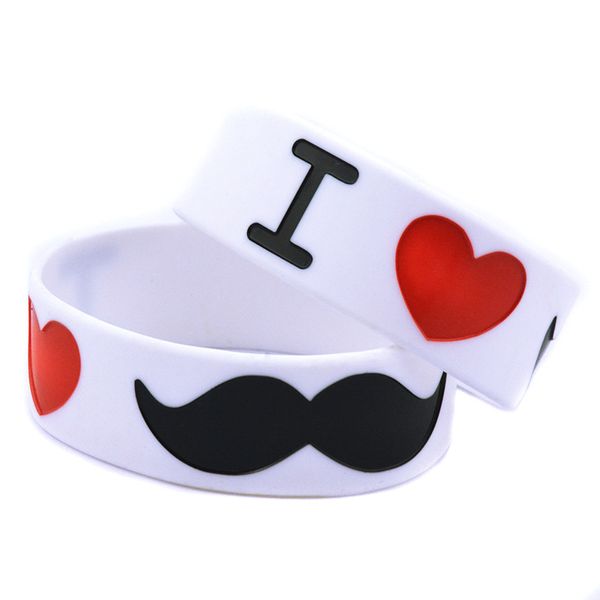 50 pcs eu amo o bigode 1 polegada larga forma de silicone pulseira de borracha preto e branco tamanho adulto branco