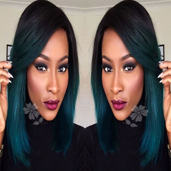 Fashion Ombre Dark Green Straight Short Bob Synthetic Lace Front Wig Natural Black Turquoise Ombre Heat Resistant Hair Wigs For Black Women Canada