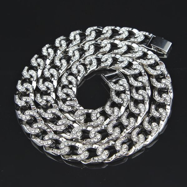 

2017 new hip hop bling iced out 30" simulated diamond 15mm cuban link chain necklace men's jewelry long chain necklaces, Silver