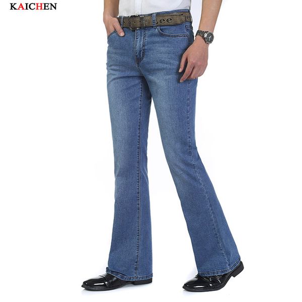 

wholesale-new men's jeans slim bell-bottom bootcut pants mens elastic light blue brand denim flared trousers