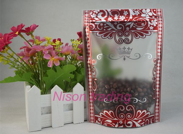 saco fechado 12x20cm 100pcs / lot pé fosco de plástico transparente com impressão flor de prata, saco de café em grão poli, bolsa borda vermelha doces