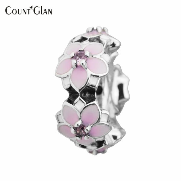 

2017 spring magnolia bloom spacer charms bead 925 sterling silver enamel pink cz flower ser beads for jewelry making, Bronze;silver