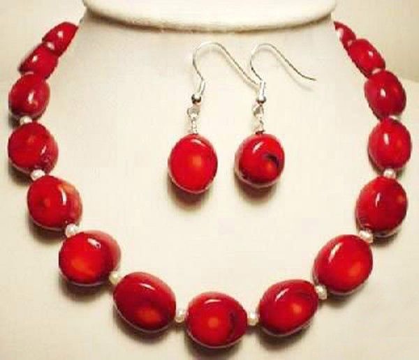

fashion jewelry real white akoya pearl & red coral necklace earrings set, Silver