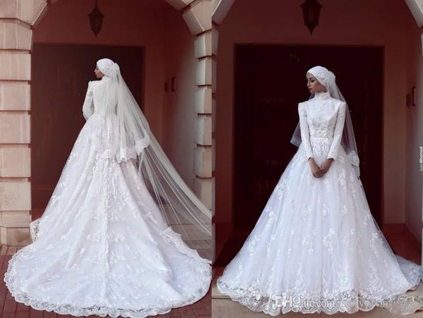 Abiti da sposa Hijab in pizzo modesto 2017 Abiti da sposa bianchi a maniche lunghe con collo alto musulmano Sweep Train Abiti da sposa Abiti online su misura