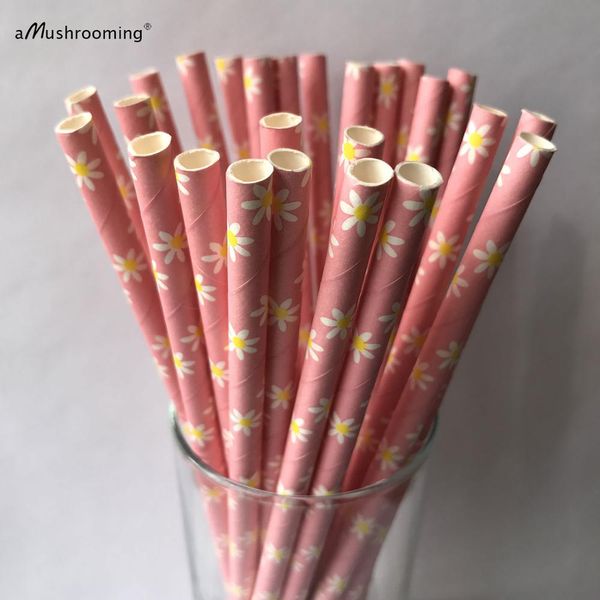 

wholesale- (25 pieces/lot) pink daisy wedding paper straws floral party paper straws easter birthday baby shower summer flower straws