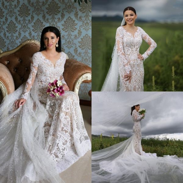 

plus size mermaid wedding dresses lace sheer bridal dress with sleeves 2019 bead bo ho wedding gowns long train, White