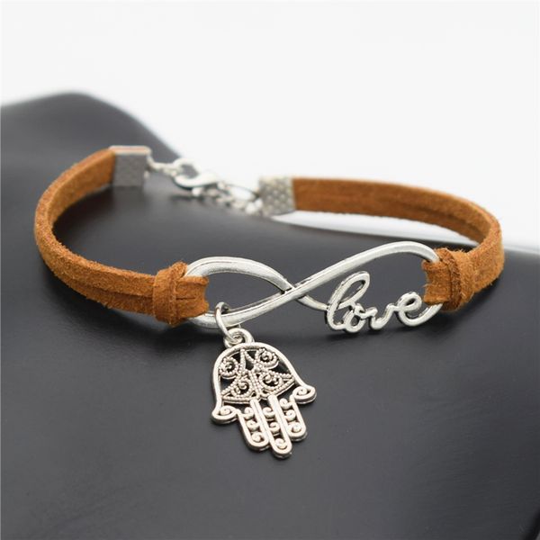

wholesale- fashion summer classic design silver hamsa symbol fatima hand charms love words infinity bracelet leather gift jewelry accessory, Golden;silver